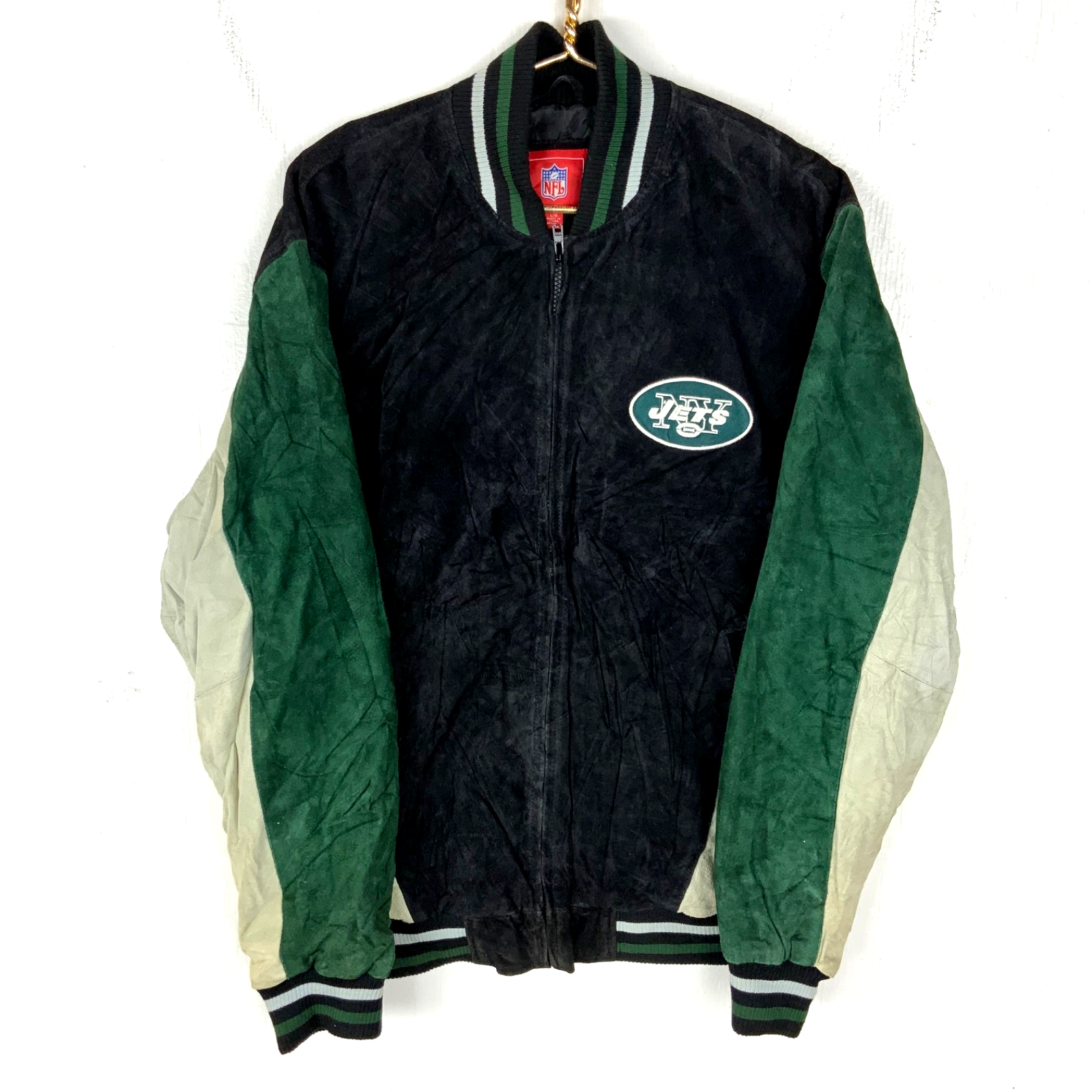 New York Jets Suede Leather Varsity Bomber Jacket Large Full Zip