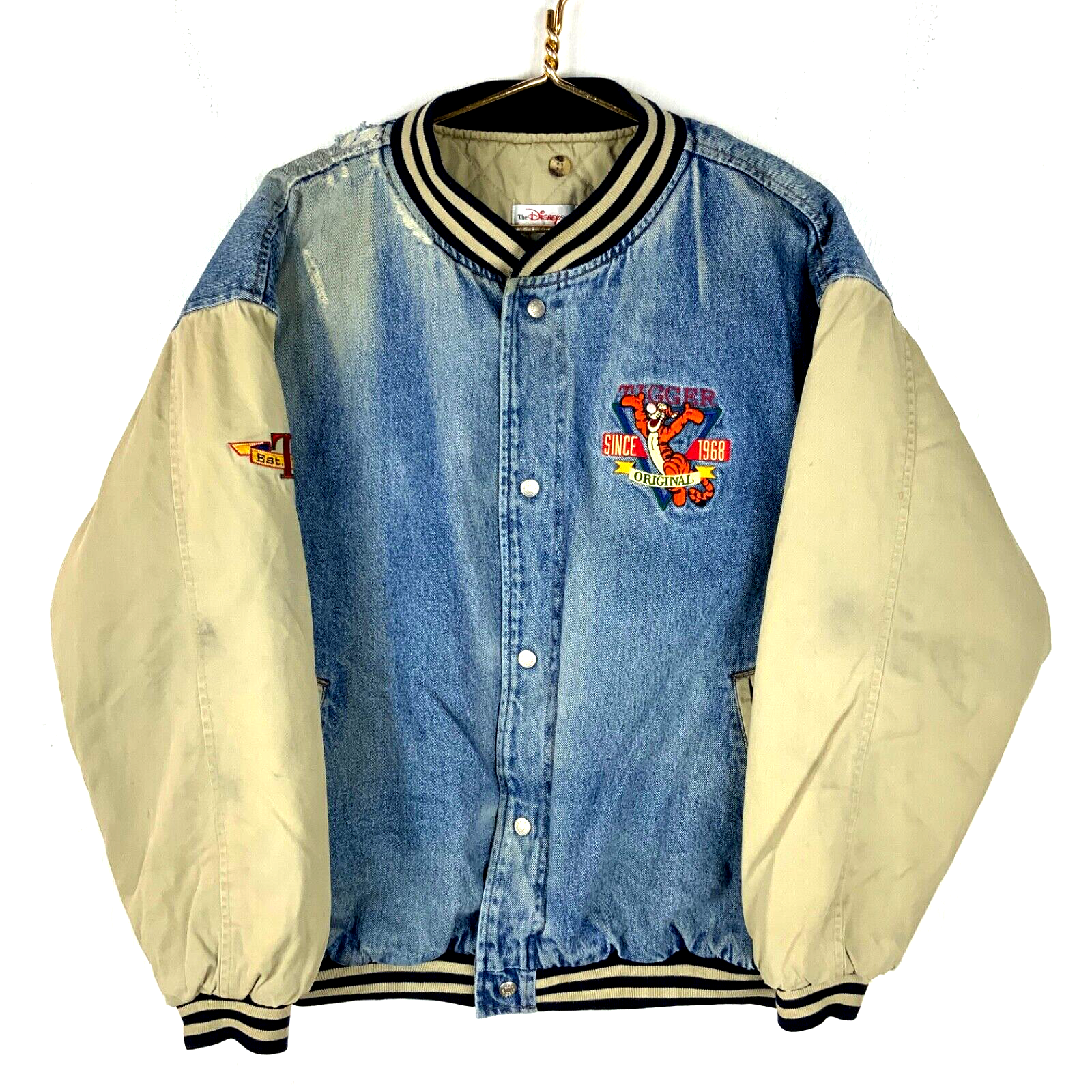 Vintage Tigger Disney Denim Bomber Jacket Large Blue Medium Wash Snap Button