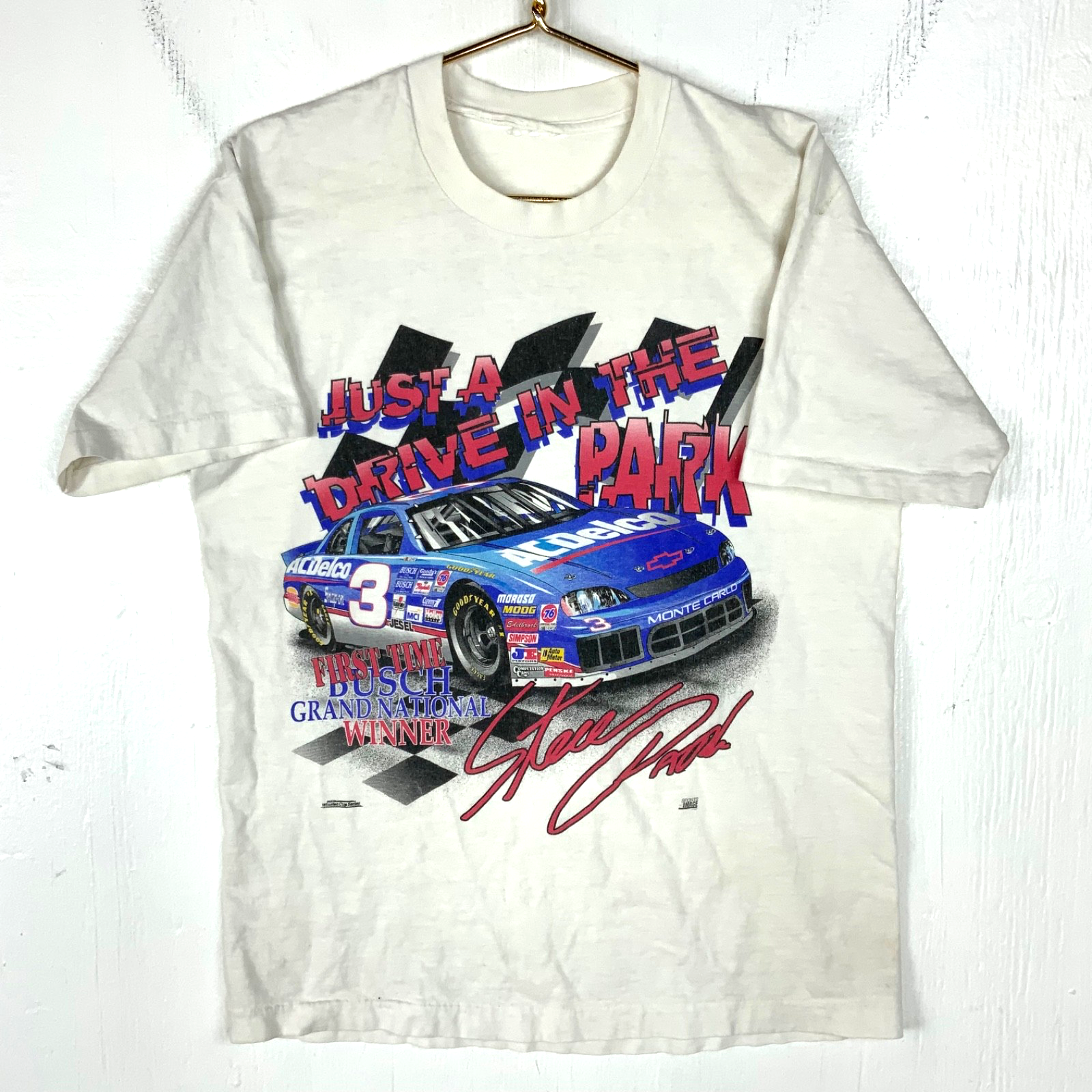 Vintage Nascar T-shirt Large White Single Stitch Double Sided Steve Park 90s