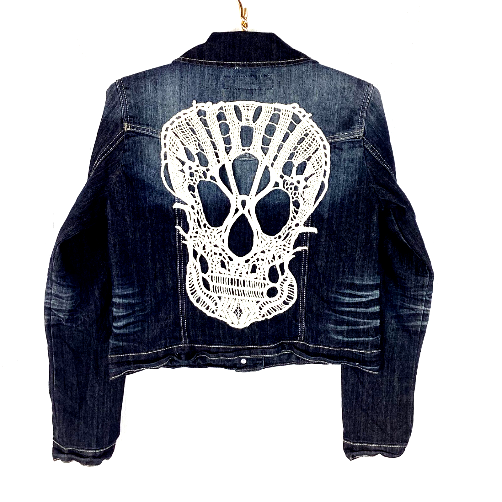1st Kiss Women's Denim Jean Jacket Size Large Black Crochet Skull Lace