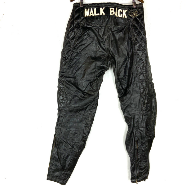 Vintage Malcolm Smith Leather Motorcycle Pants Size 35x33 Black Belted Lined 80s
