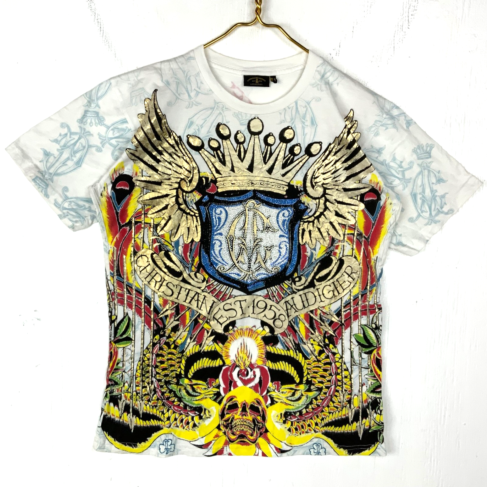 Vintage Christian Audigier T-Shirt XL White Made Usa All Over Print Studded Y2K