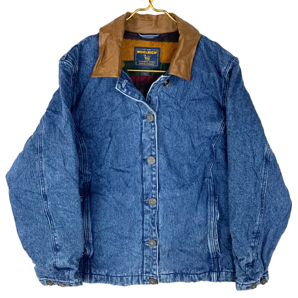Vintage Woolrich Women’s Denim Jean Jacket Large Blue Button Up Leather Trim