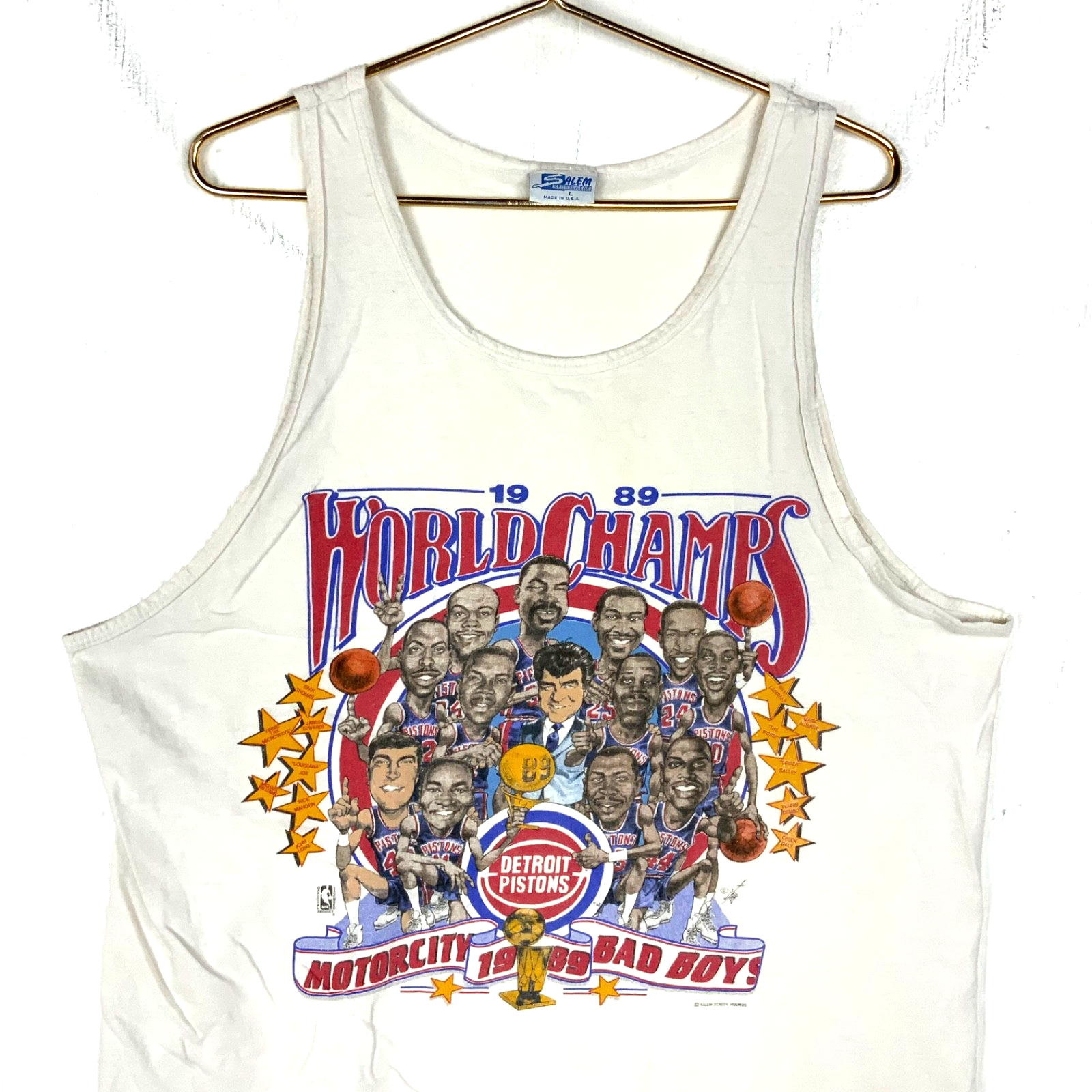 Vintage Detroit Pistons Caricature Salem TankTop Large White Nba 1989 Champs 80s
