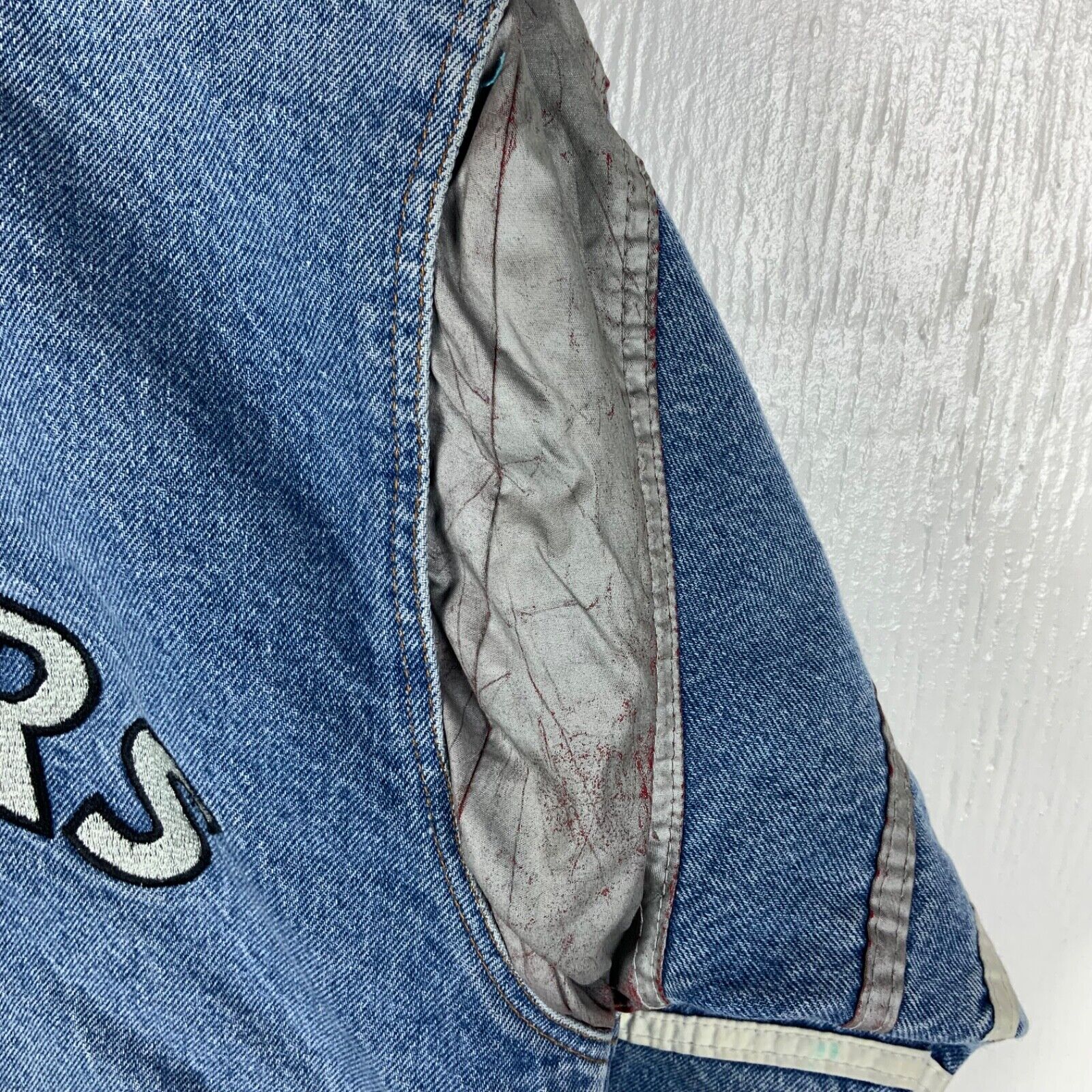 Vintage Oakland Raiders Denim Bomber Jacket Small Blue Snap Button Nfl