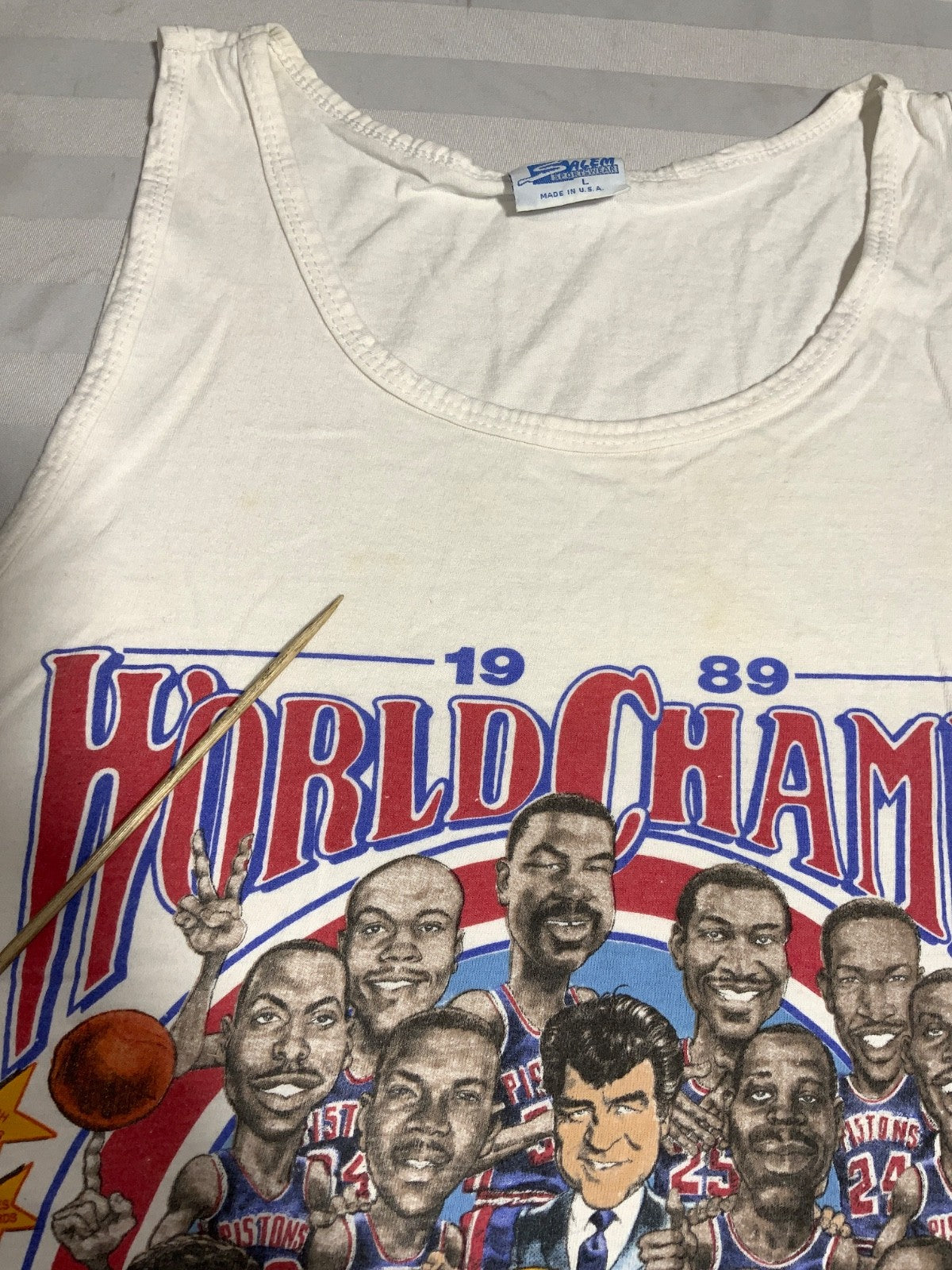 Vintage Detroit Pistons Caricature Salem TankTop Large White Nba 1989 Champs 80s
