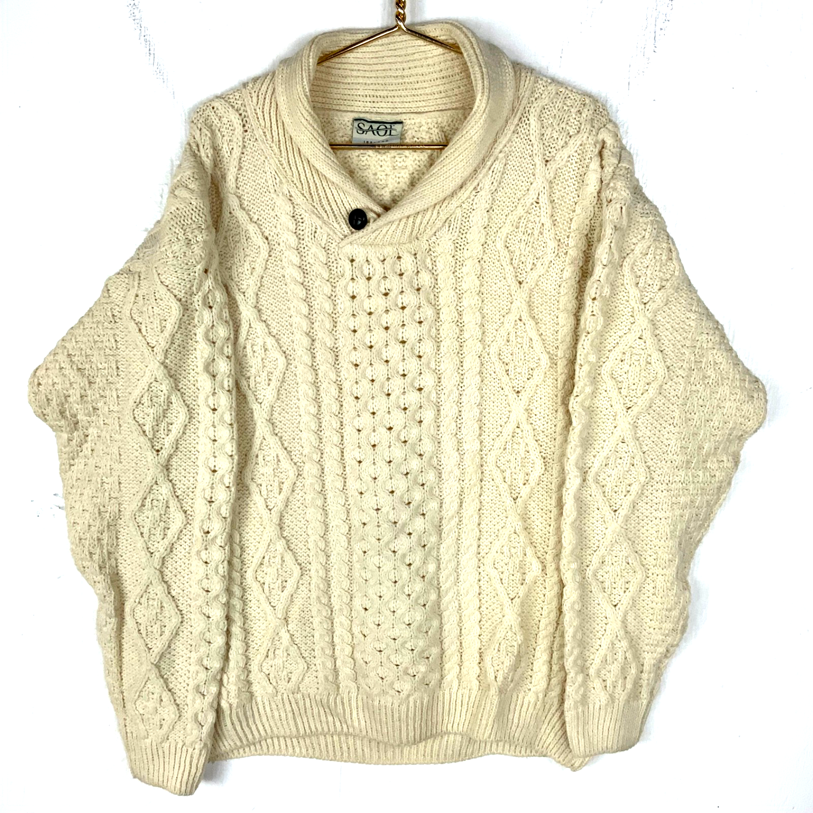 Vintage Irish Wool Grandpa Cable Knit Sweater Large White Shawl