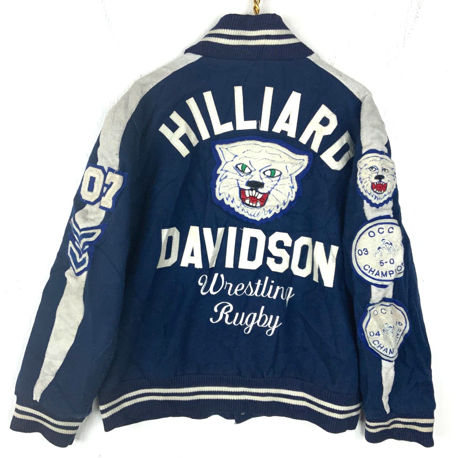 Vintage Wool Varsity Bomber Jacket Large Blue Snap Button Hilliard Davidson