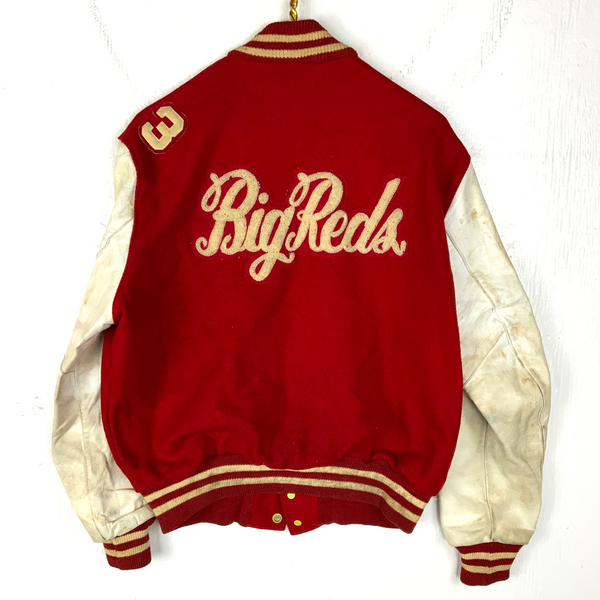 Vintage 1970s Wool Leather Varsity Bomber Jacket Large Red Snap Button Steerhide
