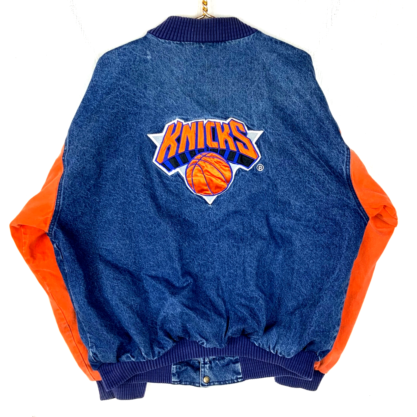 Vintage New York Knicks Denim Jacket 2XL Snap Button Blue Nba Varsity