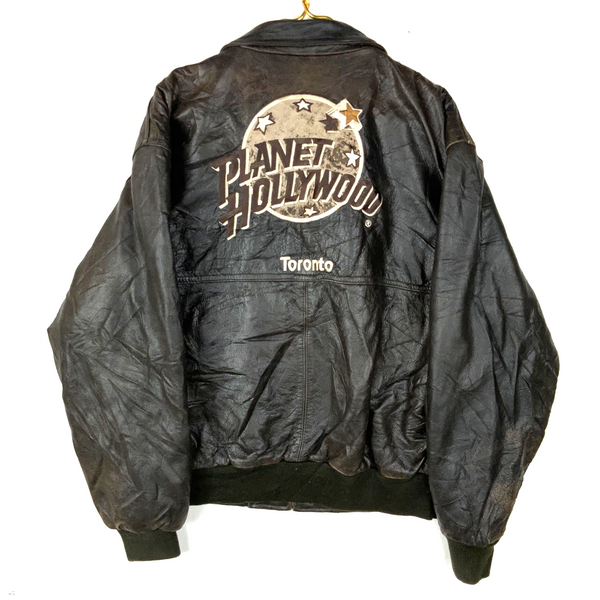 Vintage Planet Hollywood Toronto Leather Bomber Jacket Large Black Full Zip