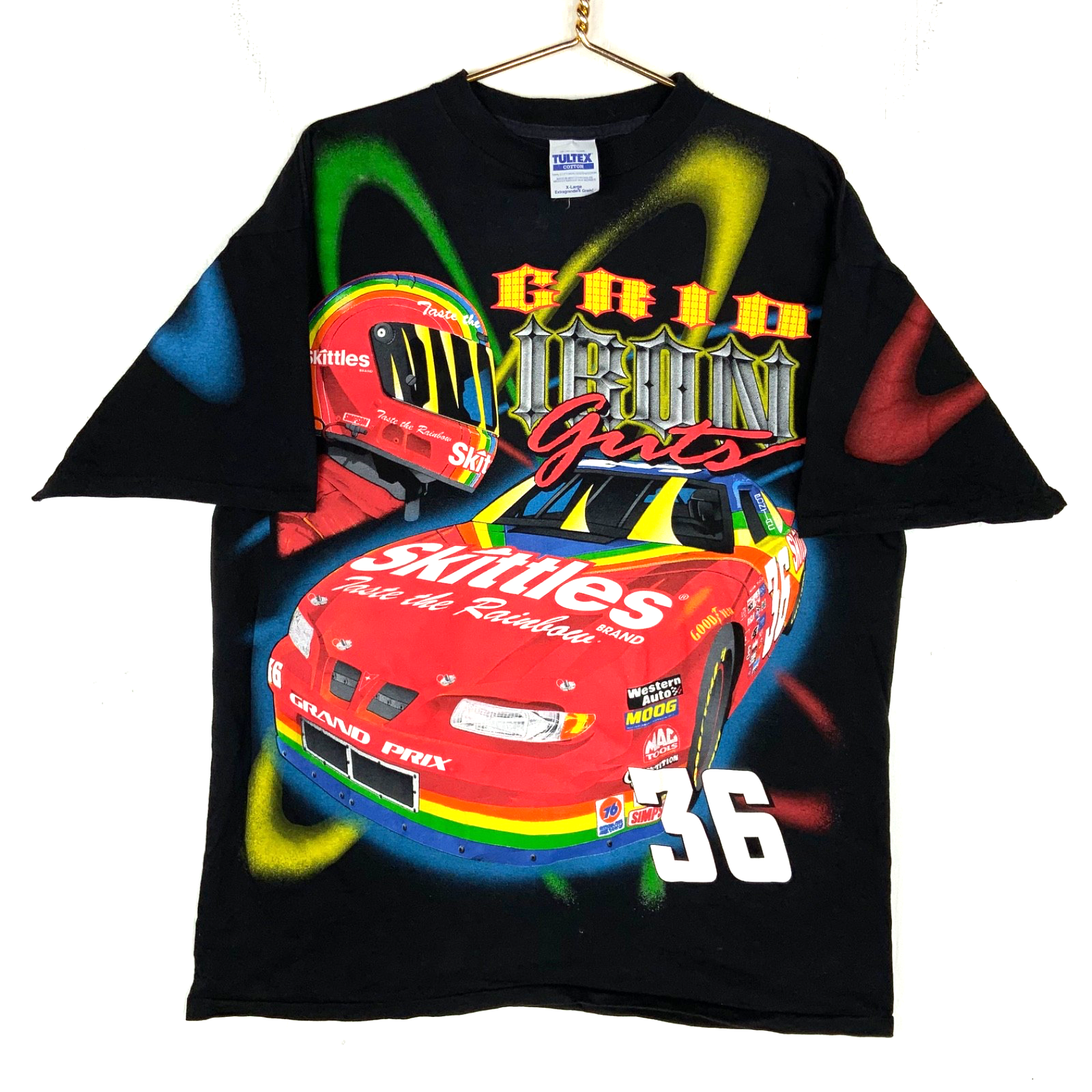Vintage Nascar T-shirt Large Black All Over Print Skittles 1998 Ernie Irvan 90s