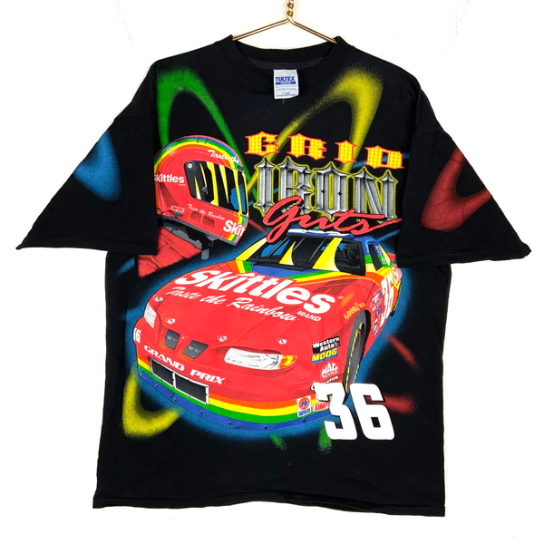 Vintage Nascar T-shirt Large Black All Over Print Skittles 1998 Ernie Irvan 90s