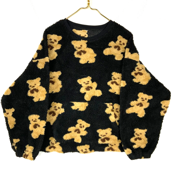 Vintage Teddy Bear Fleece Sweater Jacket Size Large Black All Over Print