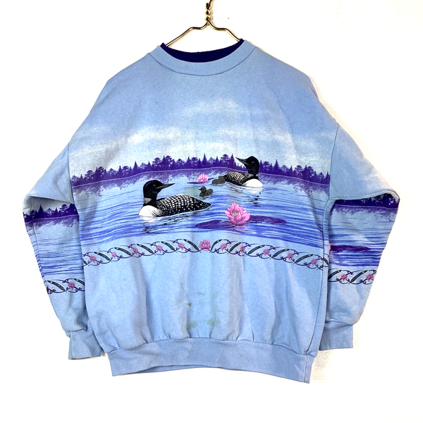 Vintage Duck Sweatshirt Crewneck Size Medium Blue AOP Made In Usa 90s