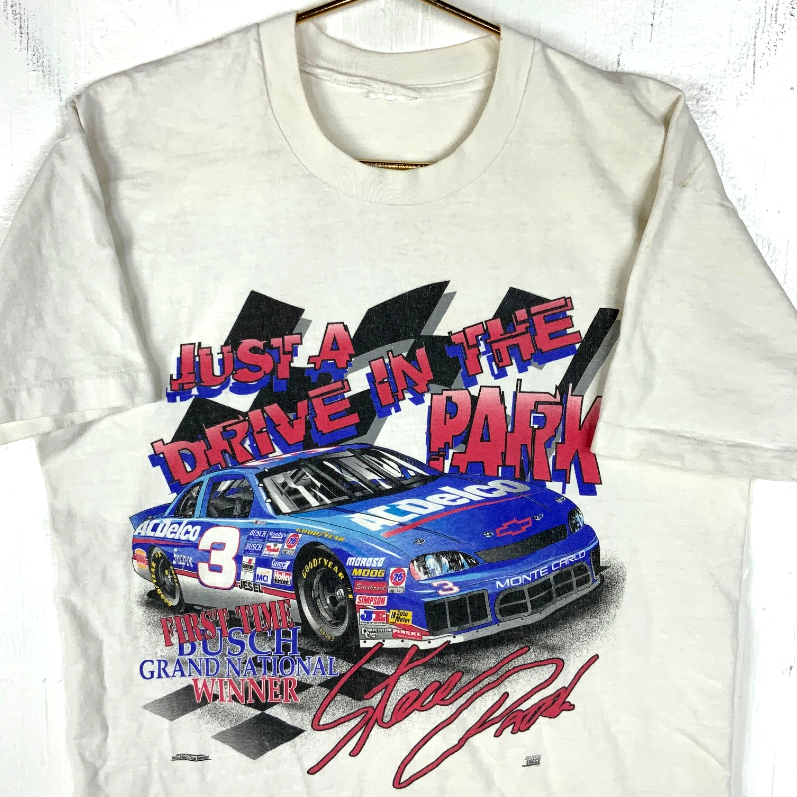 Vintage Nascar T-shirt Large White Single Stitch Double Sided Steve Park 90s