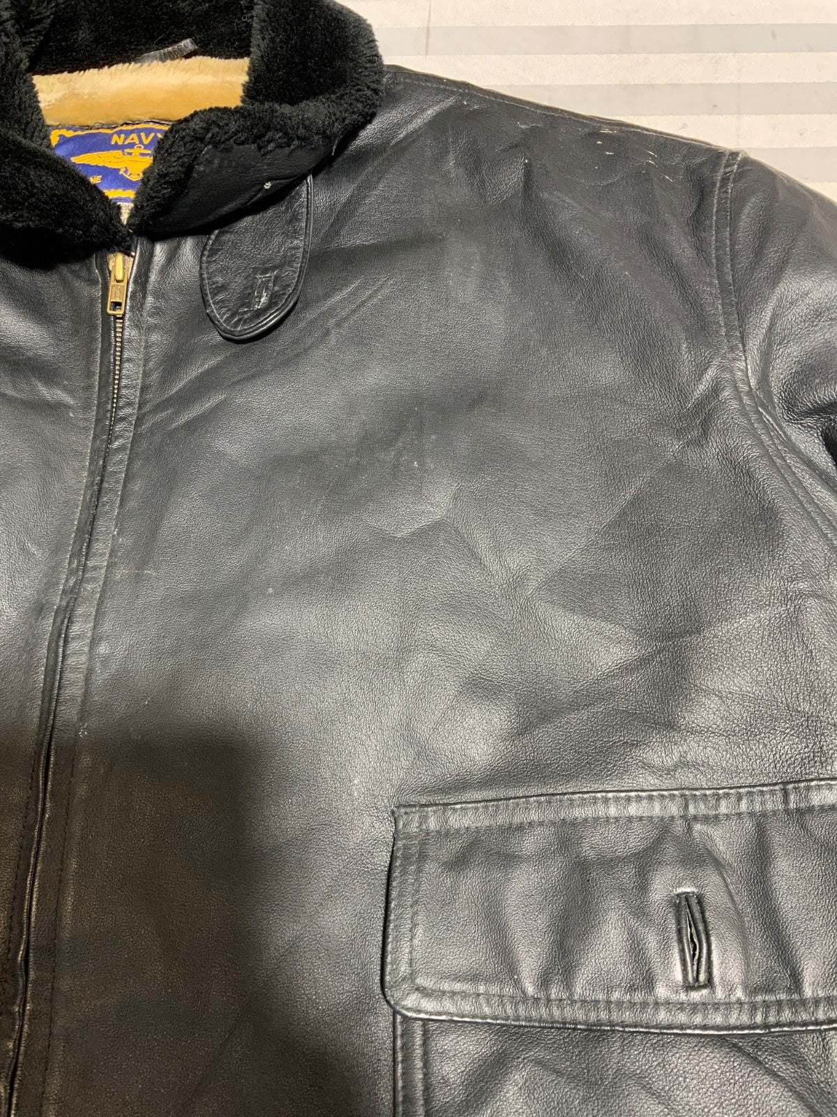 Vintage Navy Airborne Leather Flight Bomber Jacket 2XL Full Zip Sherpa Lined