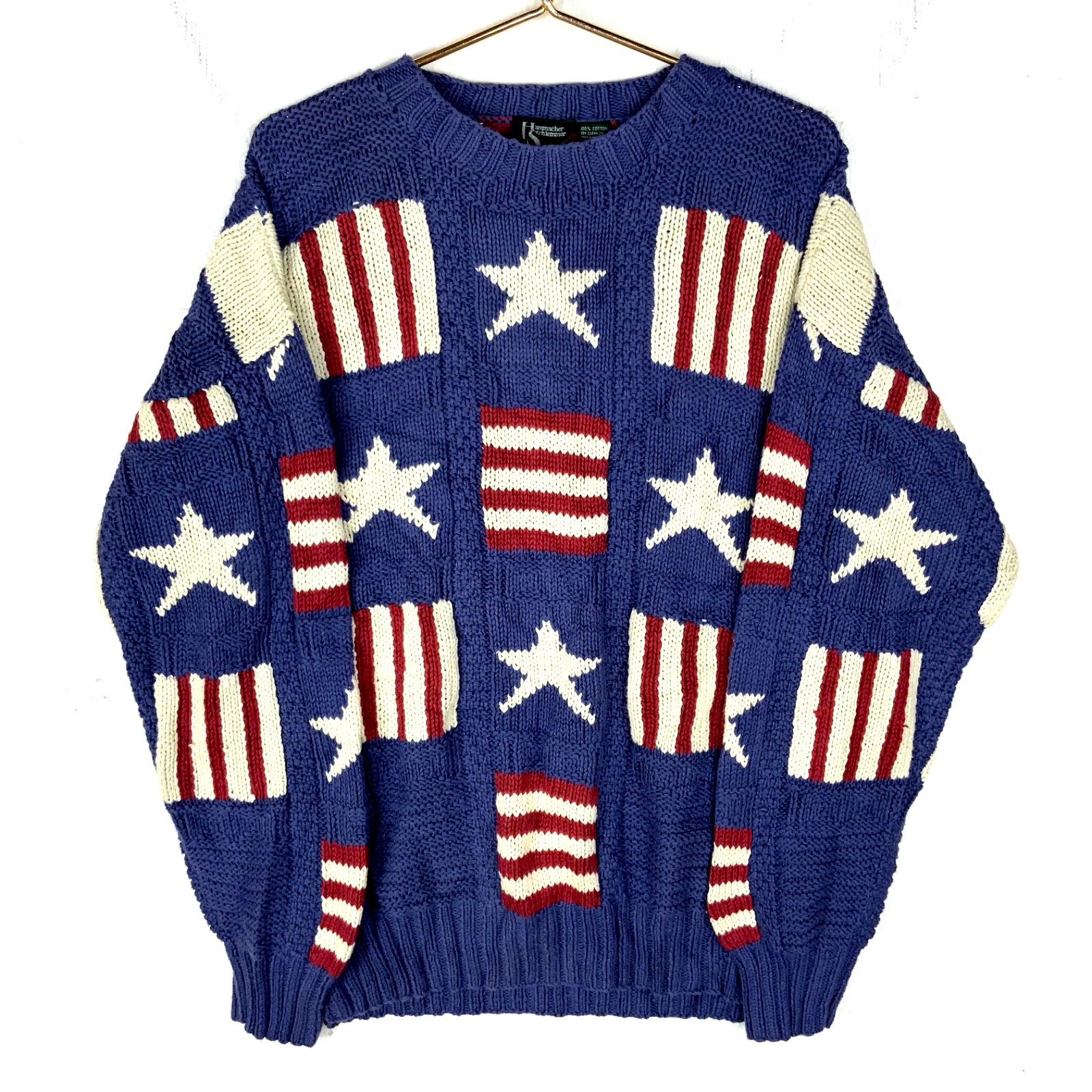 Vintage 1990s Grandpa Knit Sweater XL Blue Crewneck Pattern American Flag