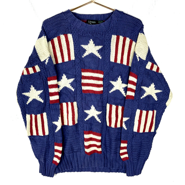 Vintage 1990s Grandpa Knit Sweater XL Blue Crewneck Pattern American Flag