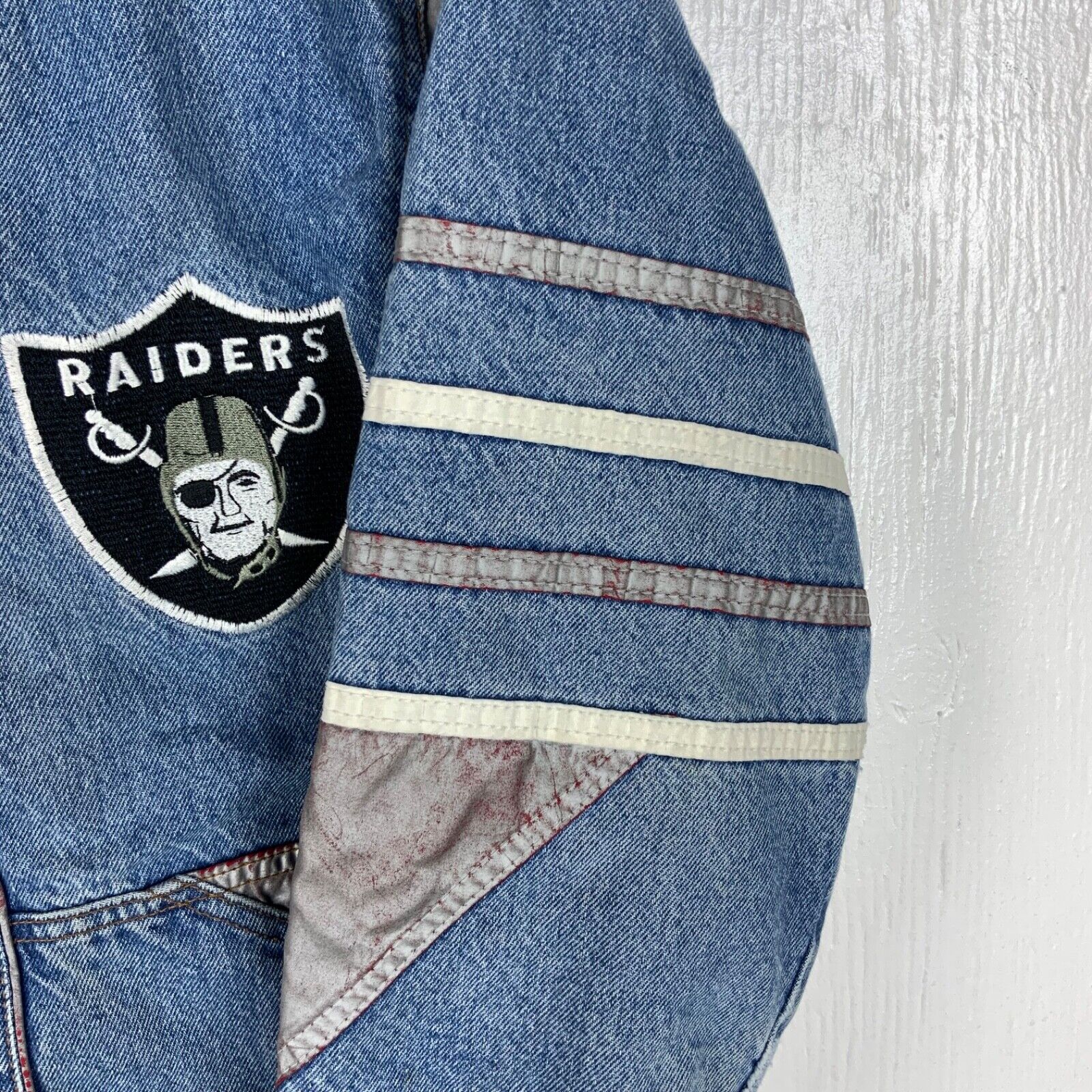 Vintage Oakland Raiders Denim Bomber Jacket Small Blue Snap Button Nfl