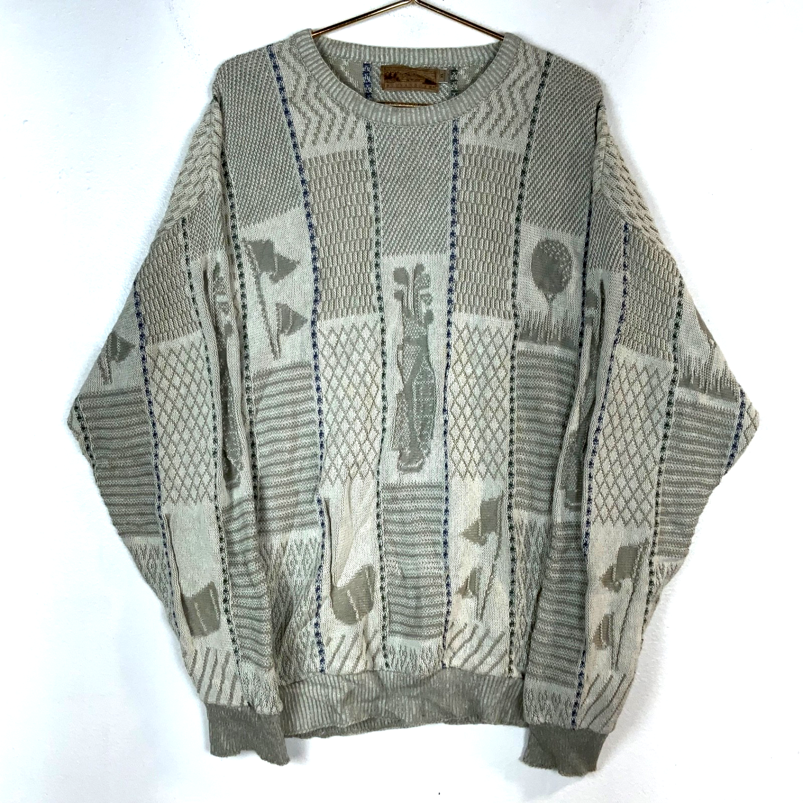 Vintage 1990s Grandpa Knit Sweater XL Beige Crewneck Golf
