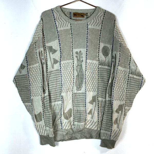 Vintage 1990s Grandpa Knit Sweater XL Beige Crewneck Golf