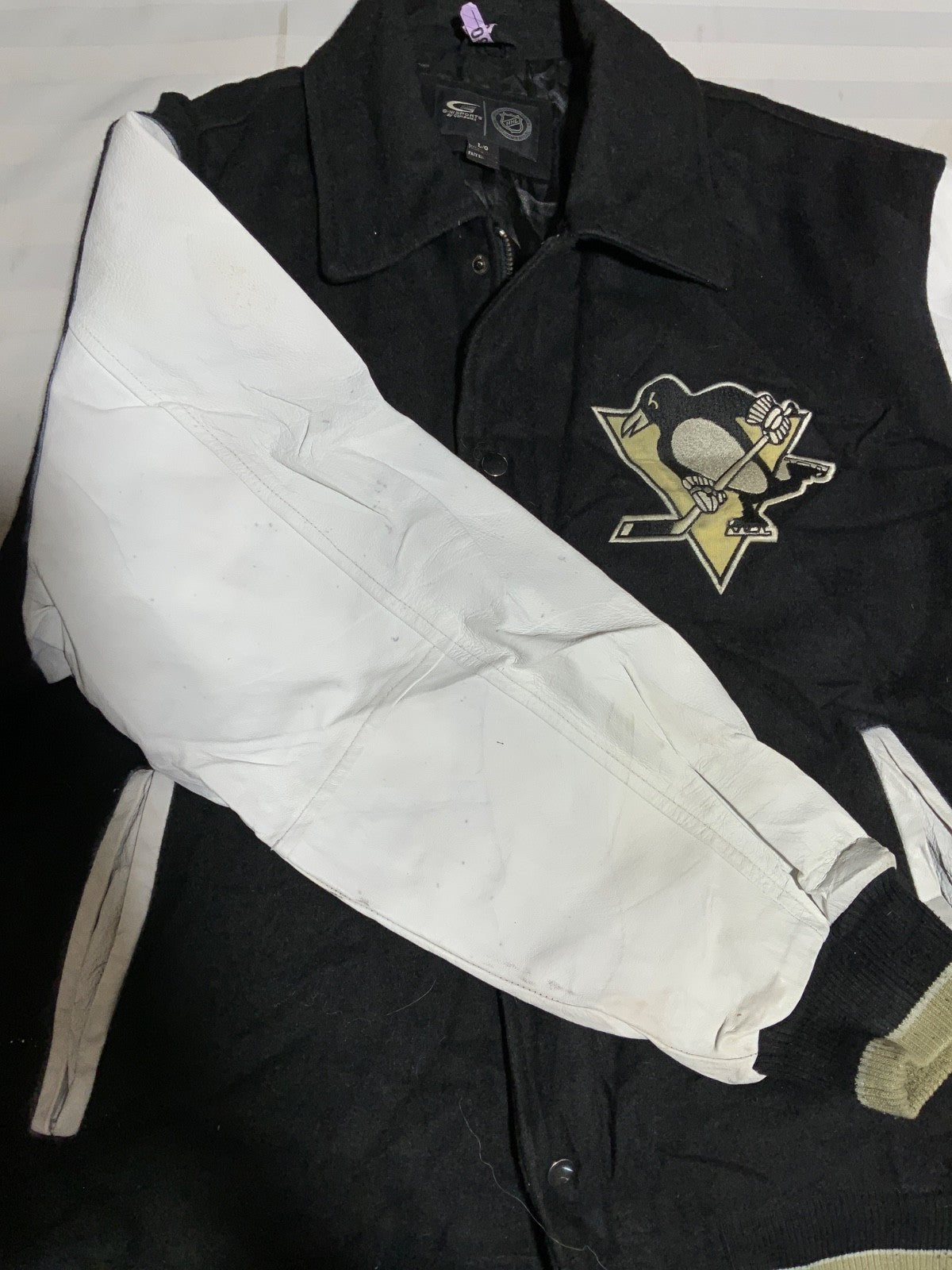 Pittsburgh Penguins G-III Wool Leather Jacket Large Full Zip Bomber Nhl
