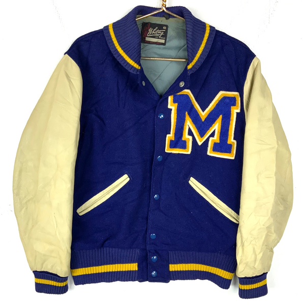 Vintage Whiting 1970s Wool Leather Varsity Bomber Jacket Size 40 Snap Button