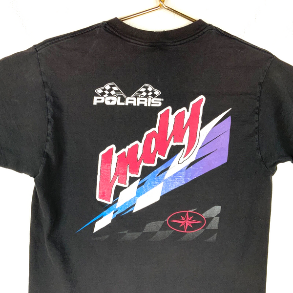 Vintage Polaris Indy Racing T-shirt Size Medium Black Double Sided Distressed