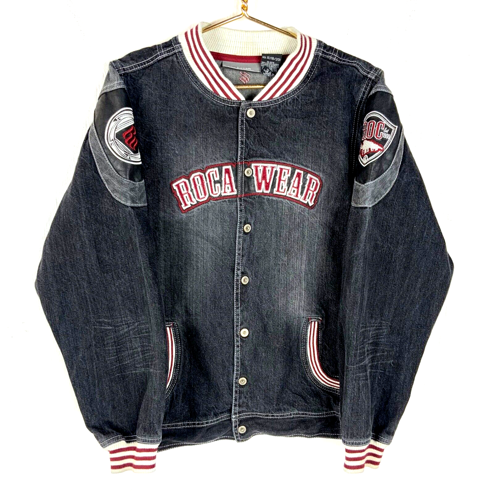 Y2K Rocawear Denim Jean Jacket Women's XL Black Snap Button Embroidered