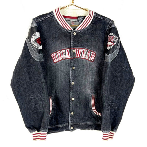 Y2K Rocawear Denim Jean Jacket Women's XL Black Snap Button Embroidered