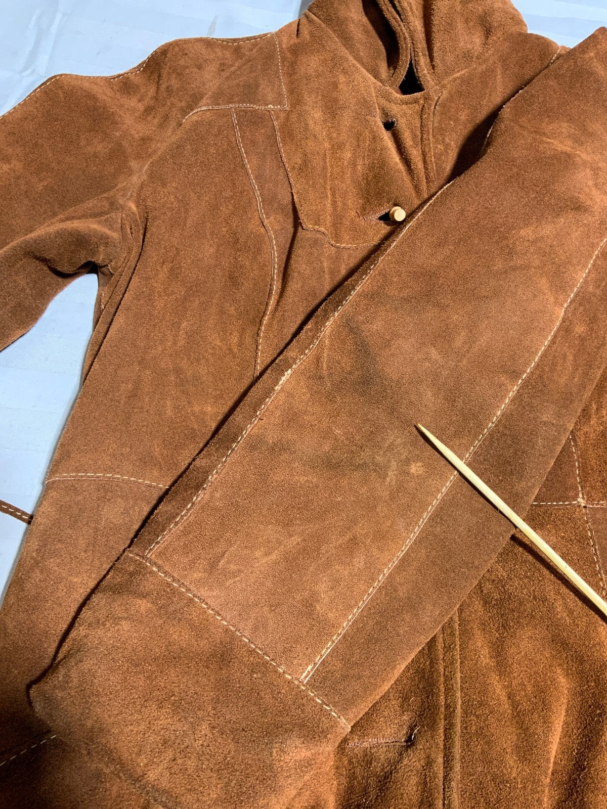 Vintage 1980s Suede Leather Trench Coat Jacket Small Brown Hooded Button Up