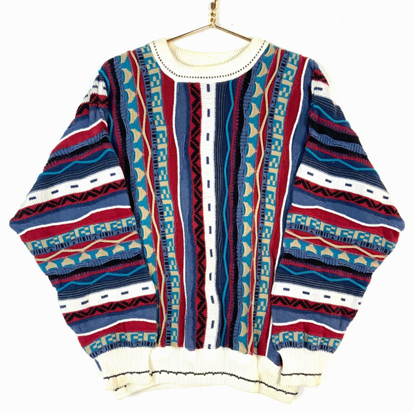 Vintage 3D Knit Sweater Women’s XL Tall Multicolor Crewneck Pattern