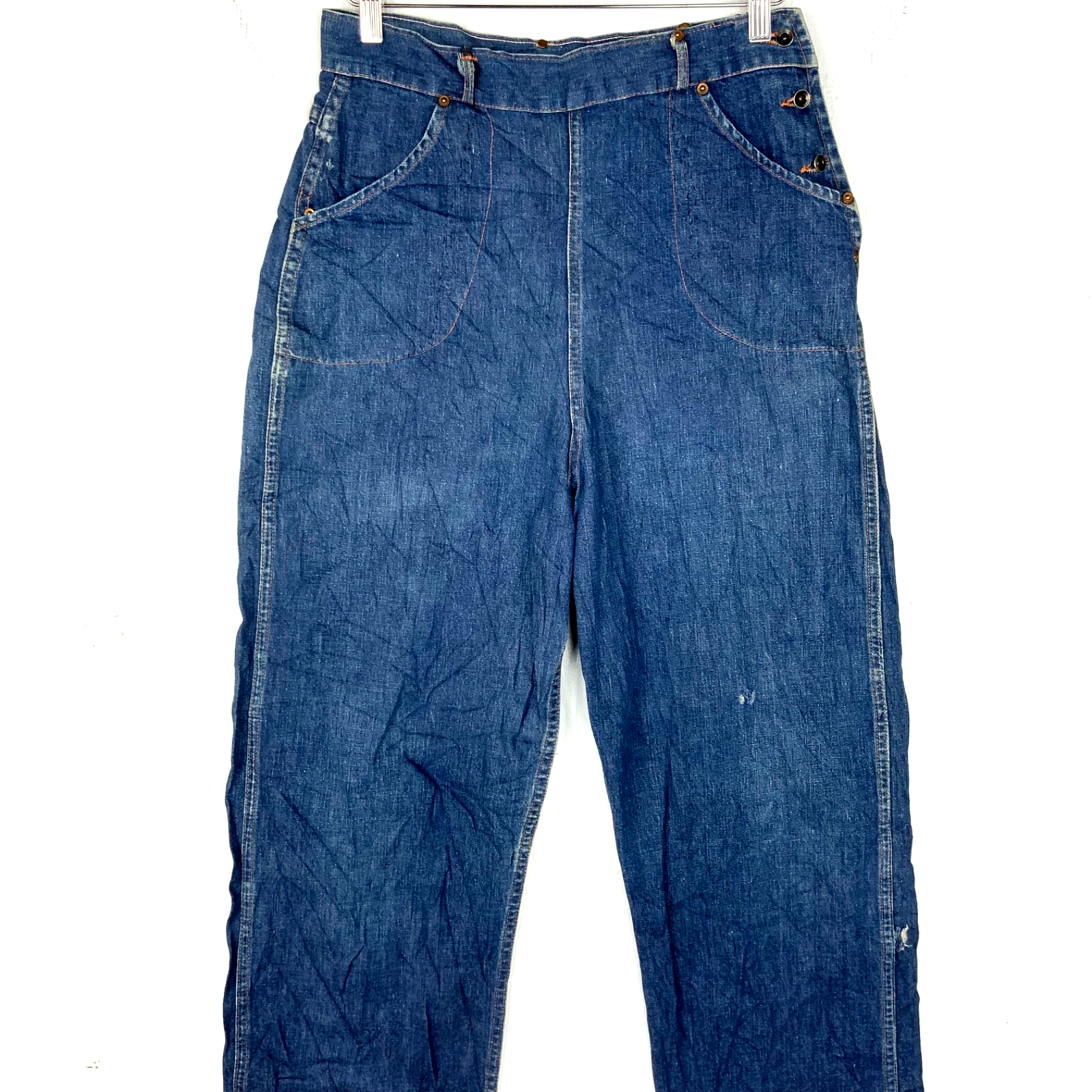 Vintage 1940s Denim Jean 30x28.5 Blue Side Flap Straight Leg Donut Button