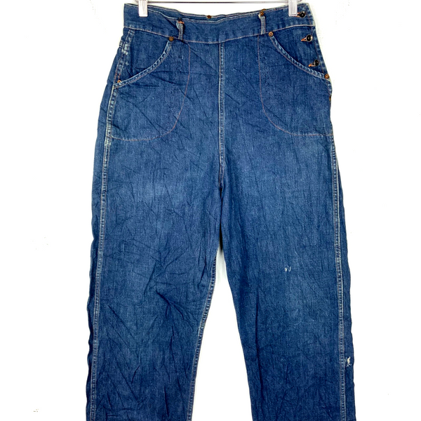Vintage 1940s Denim Jean 30x28.5 Blue Side Flap Straight Leg Donut Button
