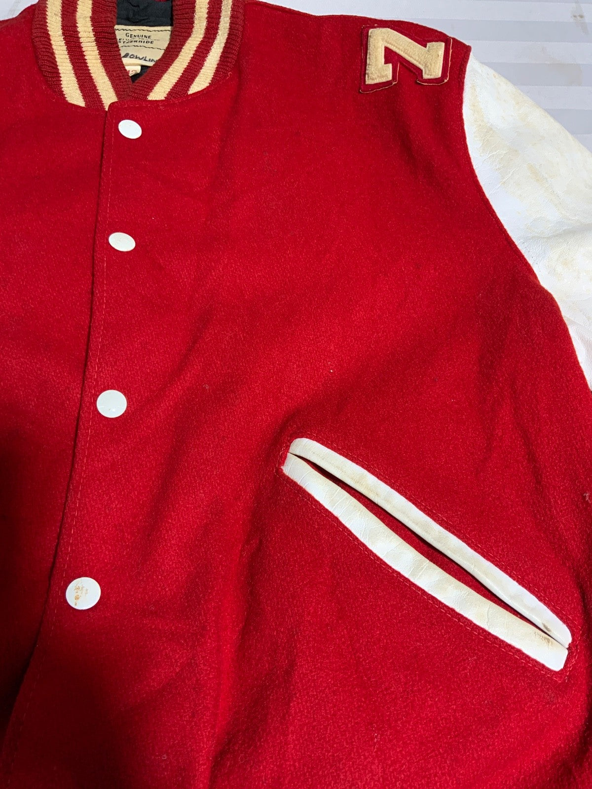 Vintage 1970s Wool Leather Varsity Bomber Jacket Large Red Snap Button Steerhide