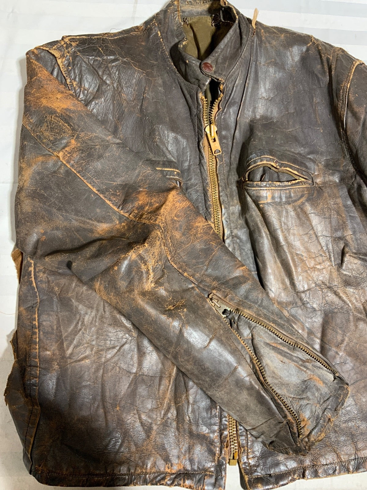 Vintage 1970s Leather Cafe Racer Jacket Medium Brown Full Zip Lined Distressed