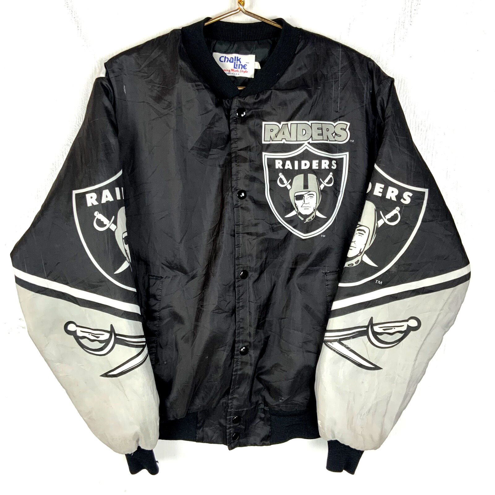 Vintage Oakland Raiders Chalk Line Fanimation Jacket Large Black Nfl Snap Button