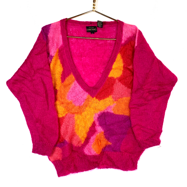 Vintage 1990s Grandma Mohair Knit Sweater Women’s Small Pink V-neck Pattern