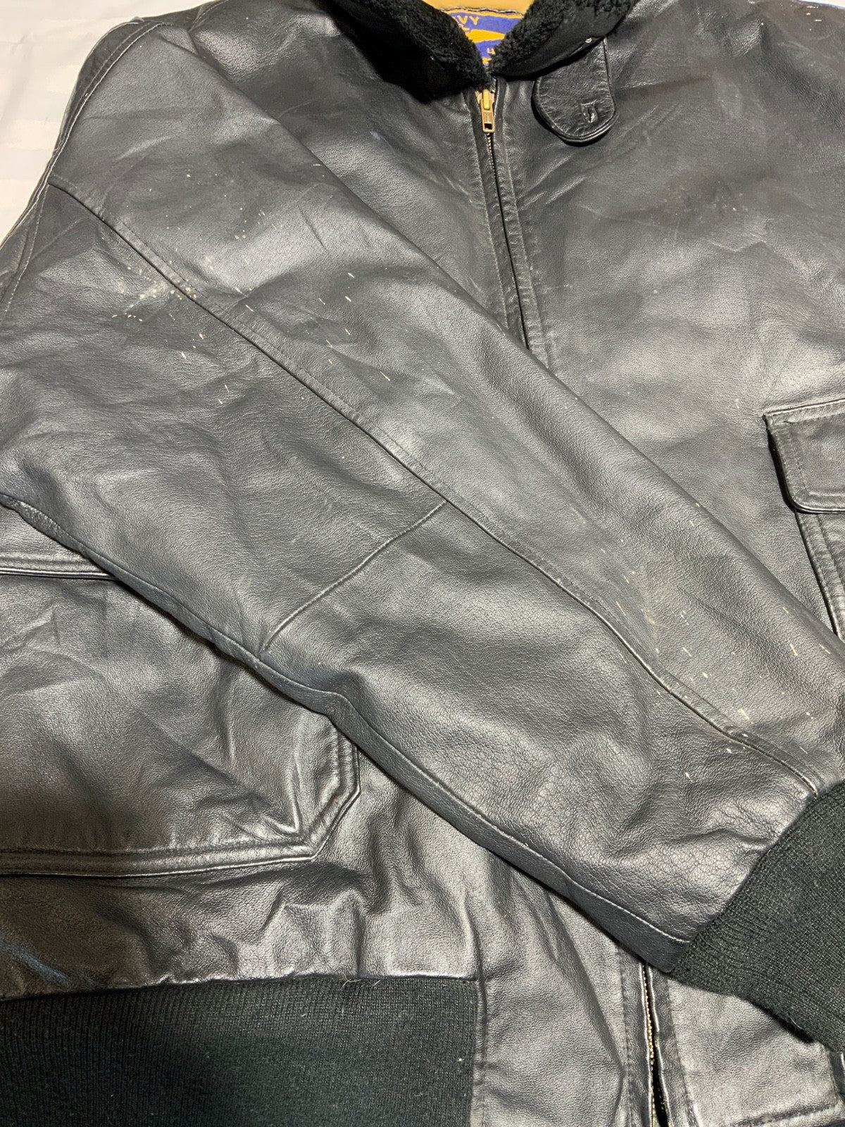 Vintage Navy Airborne Leather Flight Bomber Jacket 2XL Full Zip Sherpa Lined