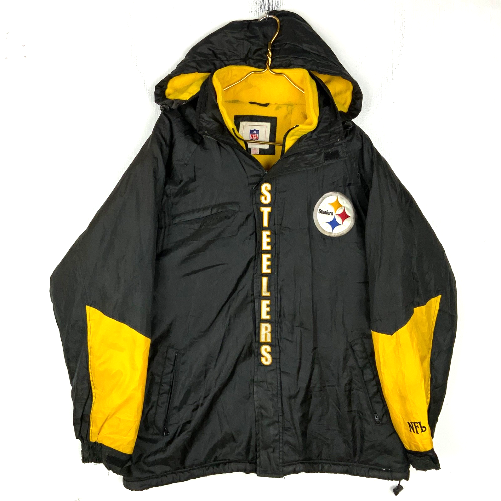 Vintage Pittsburgh Steelers Jacket Large Black Hooded Full Zip Fleece Lined Nfl