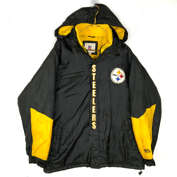 Vintage Pittsburgh Steelers Jacket Large Black Hooded Full Zip Fleece Lined Nfl