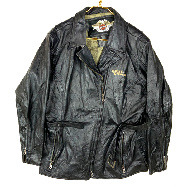 Vintage Harley Davidson Leather Biker Jacket XL Black Full Zip Lined Belted