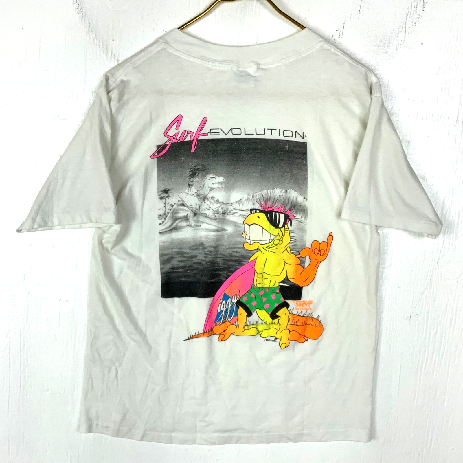 Vintage Surf Evolution T-Shirt Large White Hot Sessions 1987 Iggy Dinosaur 80s