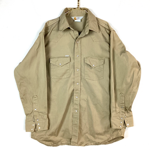 Vintage Carhartt Canvas Western Shirt Size XL Brown Long Sleeve Made In Usa