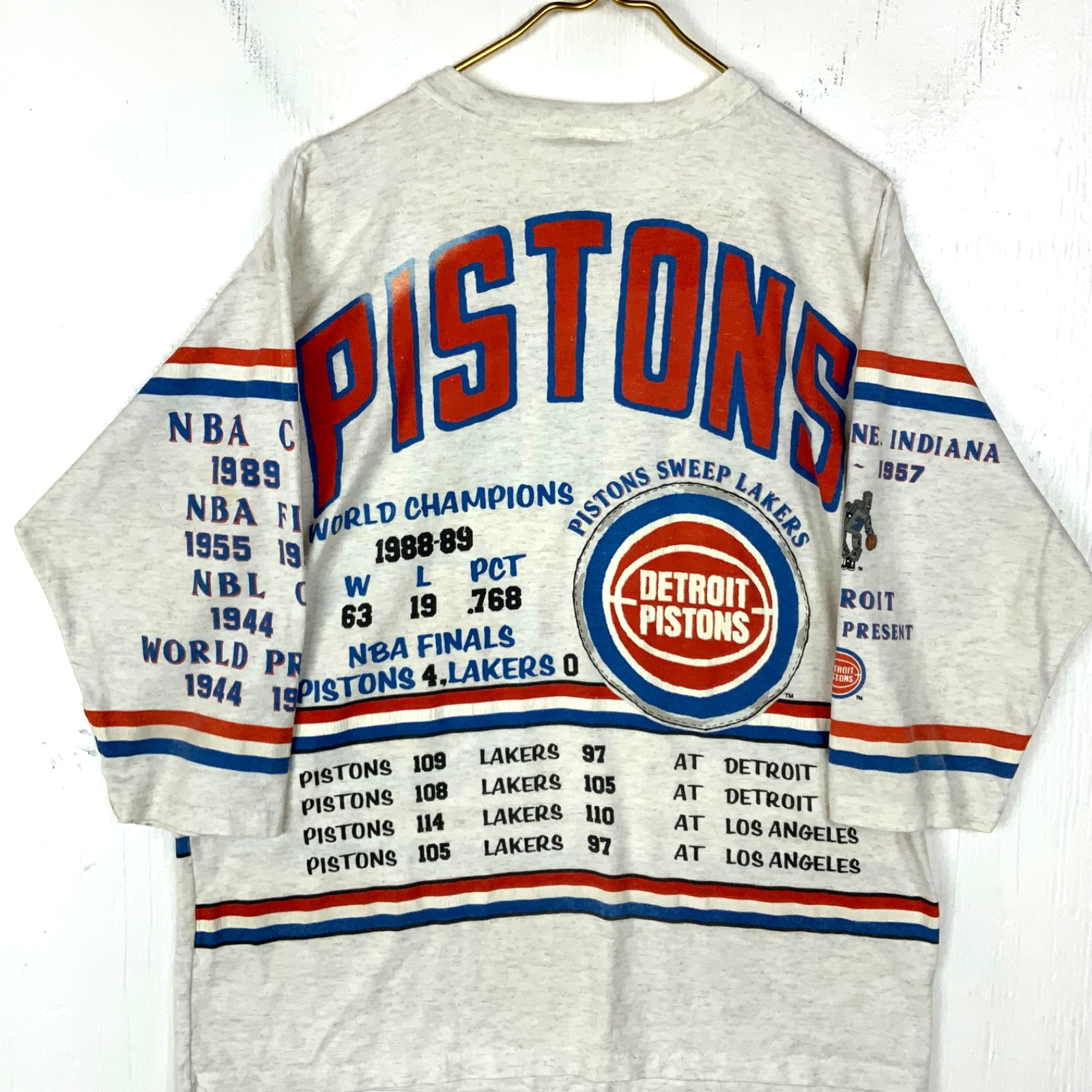 Vintage Detroit Pistons T-Shirt Large Gray 3/4 Sleeve Aop 1991 Nba Long Gone 90s