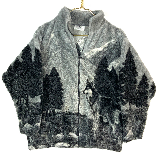 Vintage Black Mountain Fleece Sweater Jacket Small Full Zip All Over Print Wolf