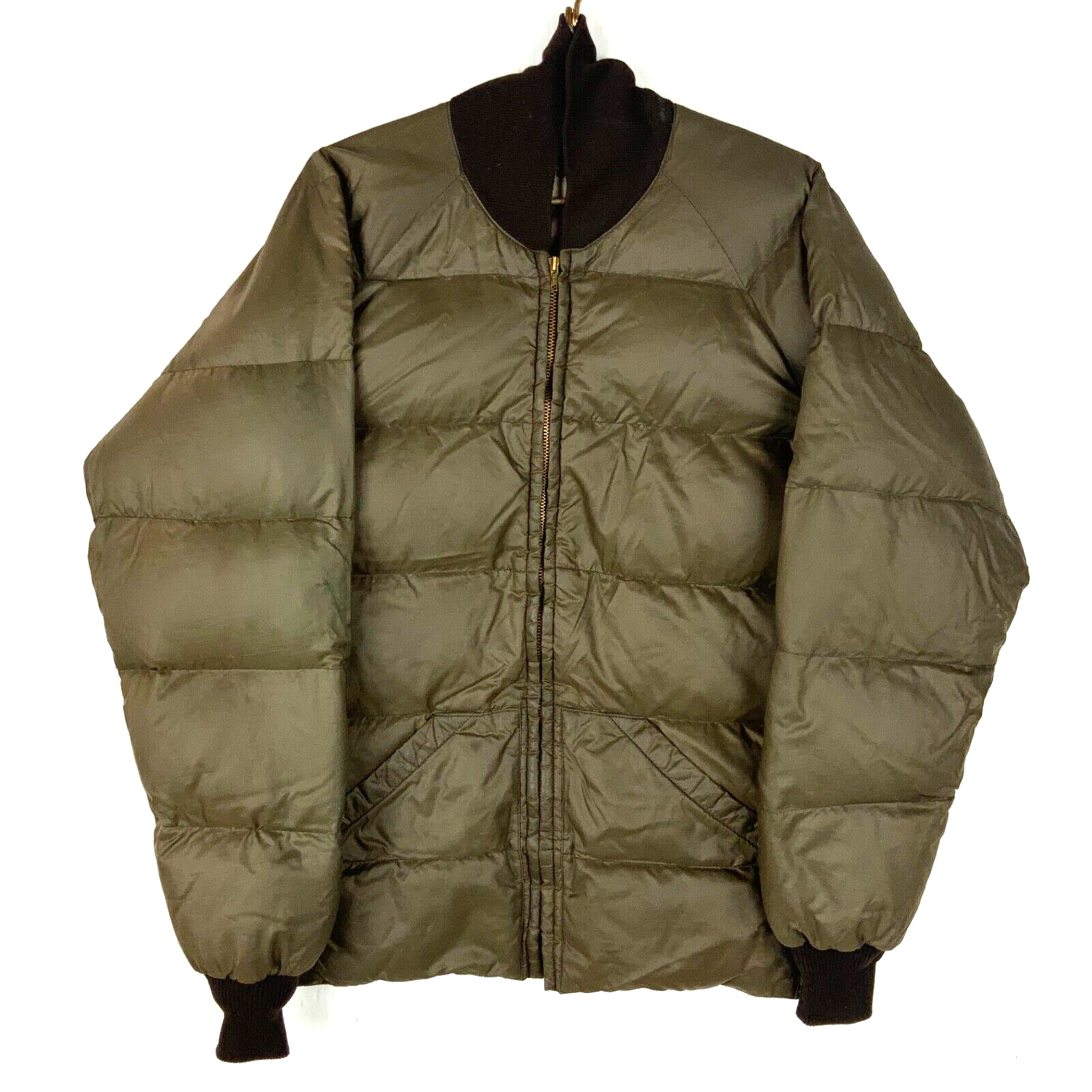 Vintage 1980s Down Puffer Bomber Jacket Large Brown Full Zip Distressed