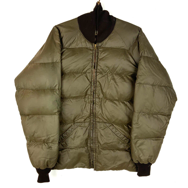 Vintage 1980s Down Puffer Bomber Jacket Large Brown Full Zip Distressed