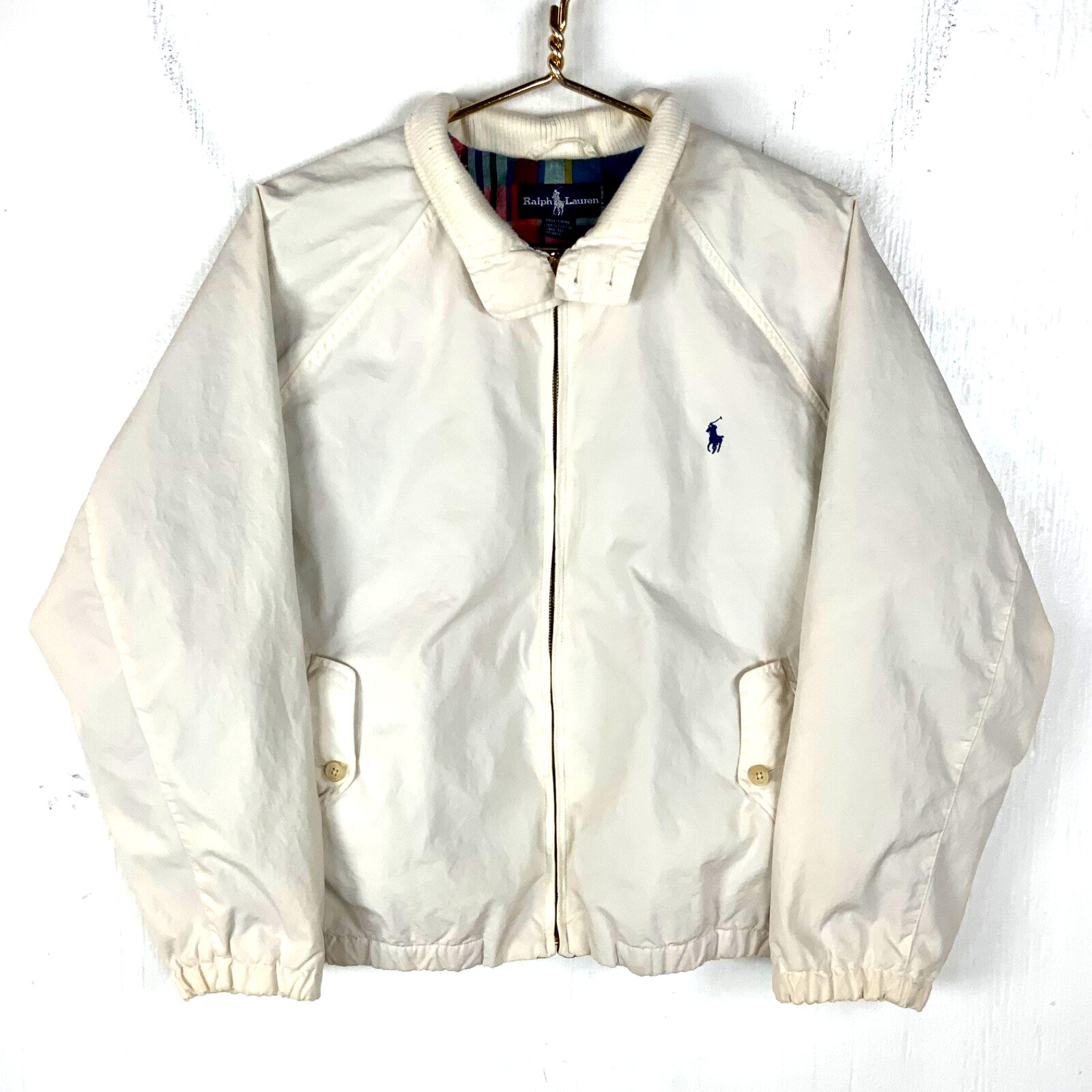 Vintage Ralph Lauren Harrington Jacket Large White Full Zip Plaid Lined